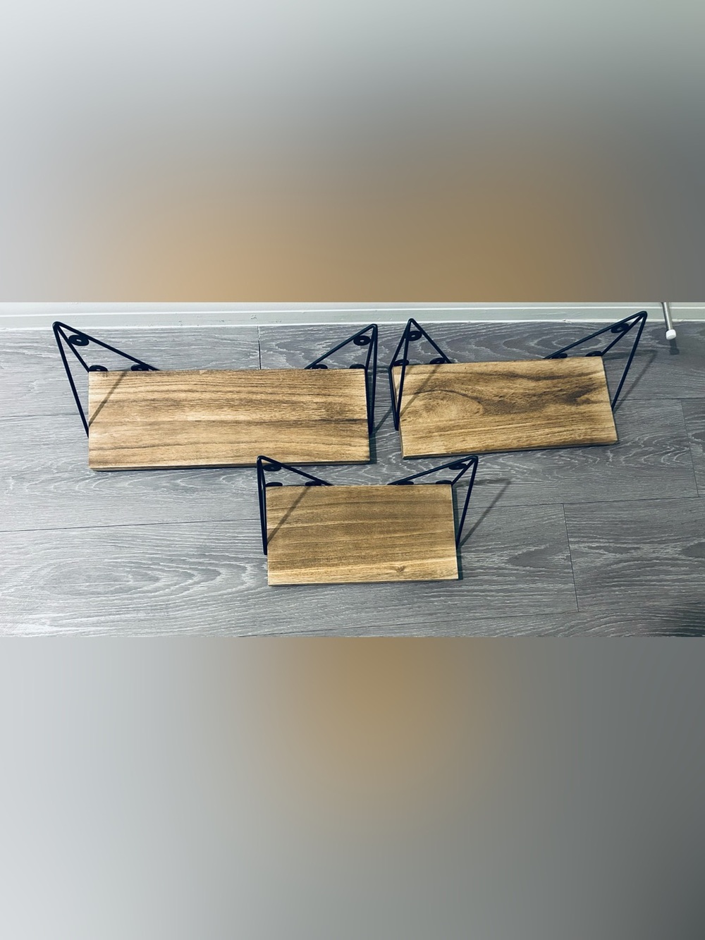 Rustic Wood Wall Shelves with Black Metal Brackets - Set of 3